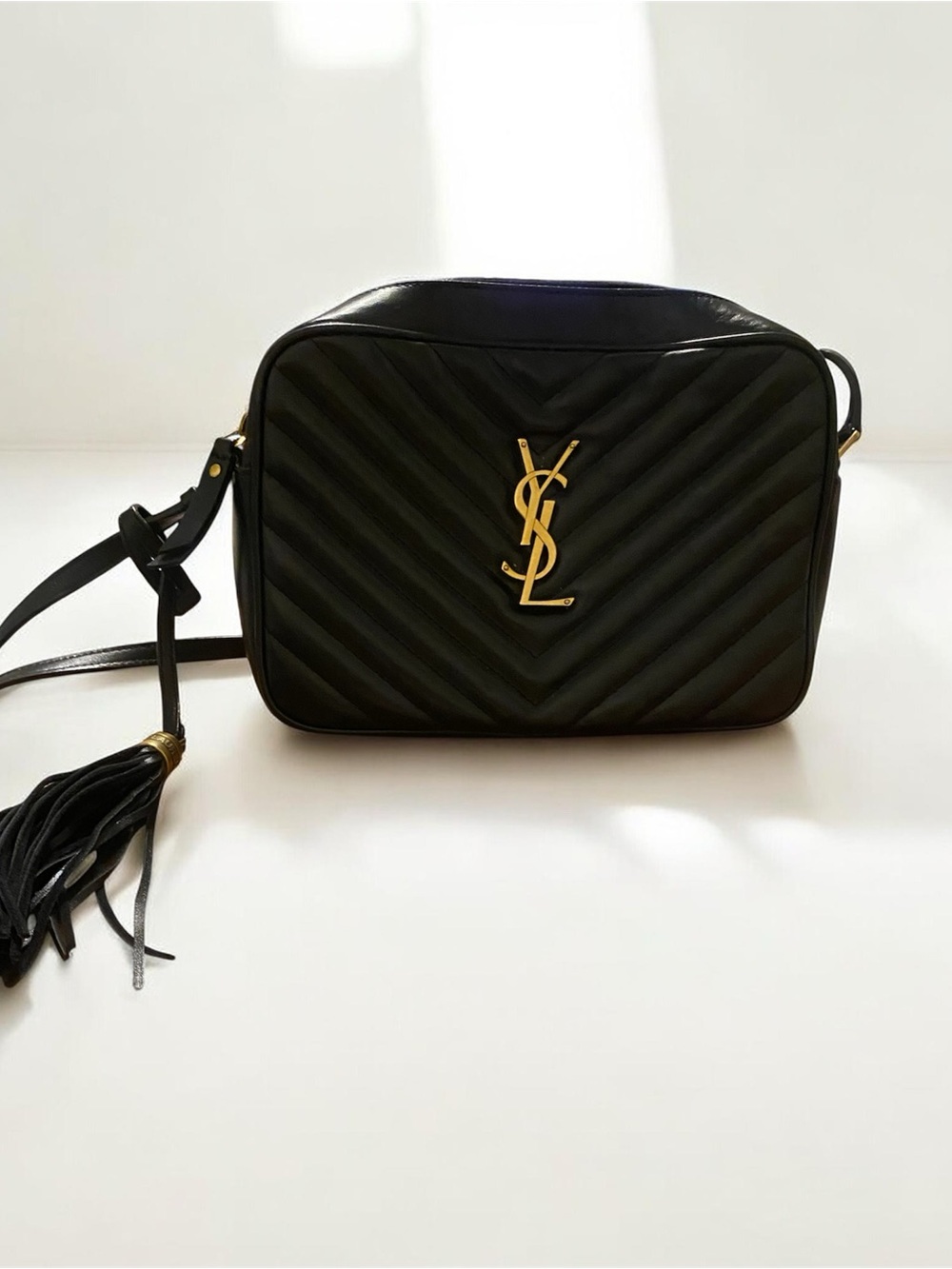 Saint Laurent Black Quilted Leather Crossbody Camera Bag with Gold YSL Emblem